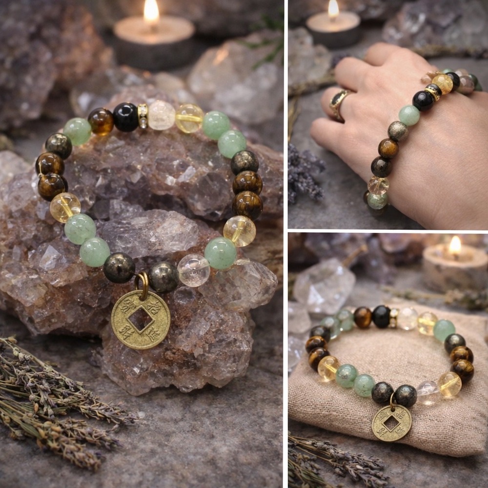Prosperity Gemstone Bracelet | Aventurine Tiger Eye Pyrite Feng Shui Coin